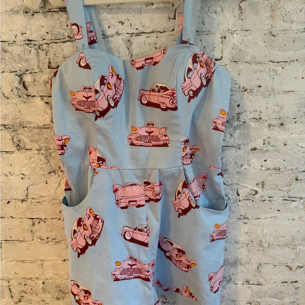 Light Blue Car-Print Romper Jumpsuit